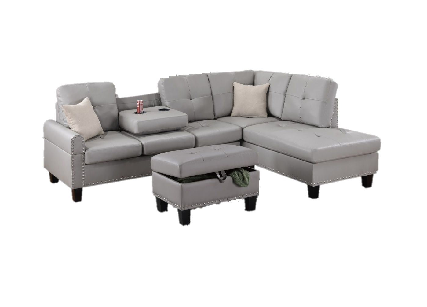 Grey Faux Leather Living Room Furniture 3-PCS Sectional Sofa Set LAF Sofa RAF Chaise And Storage Ottoman Cup Holder Couch