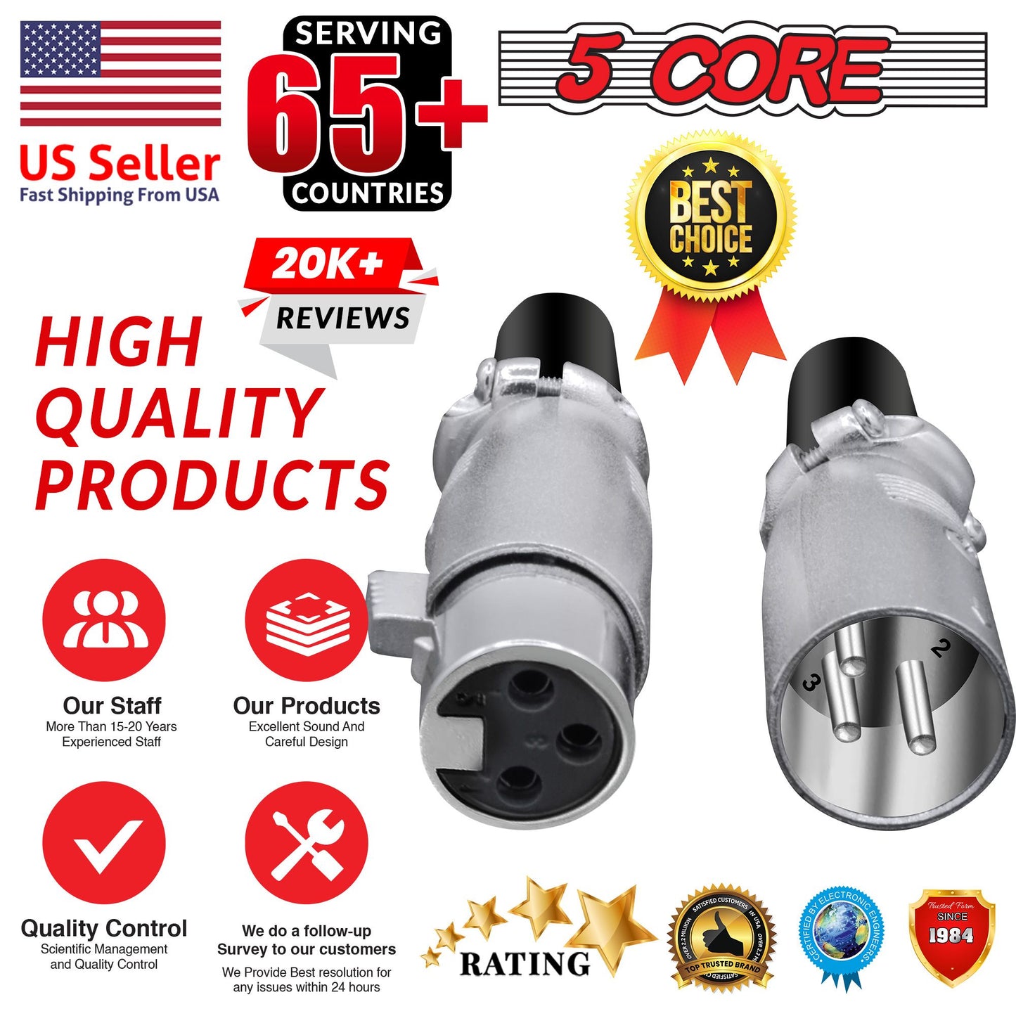 5 CORE XLR Connector Male Female to 1/4 Audio Jack 3 Pin Secure Microphone Plug with Locking Ends - XLR