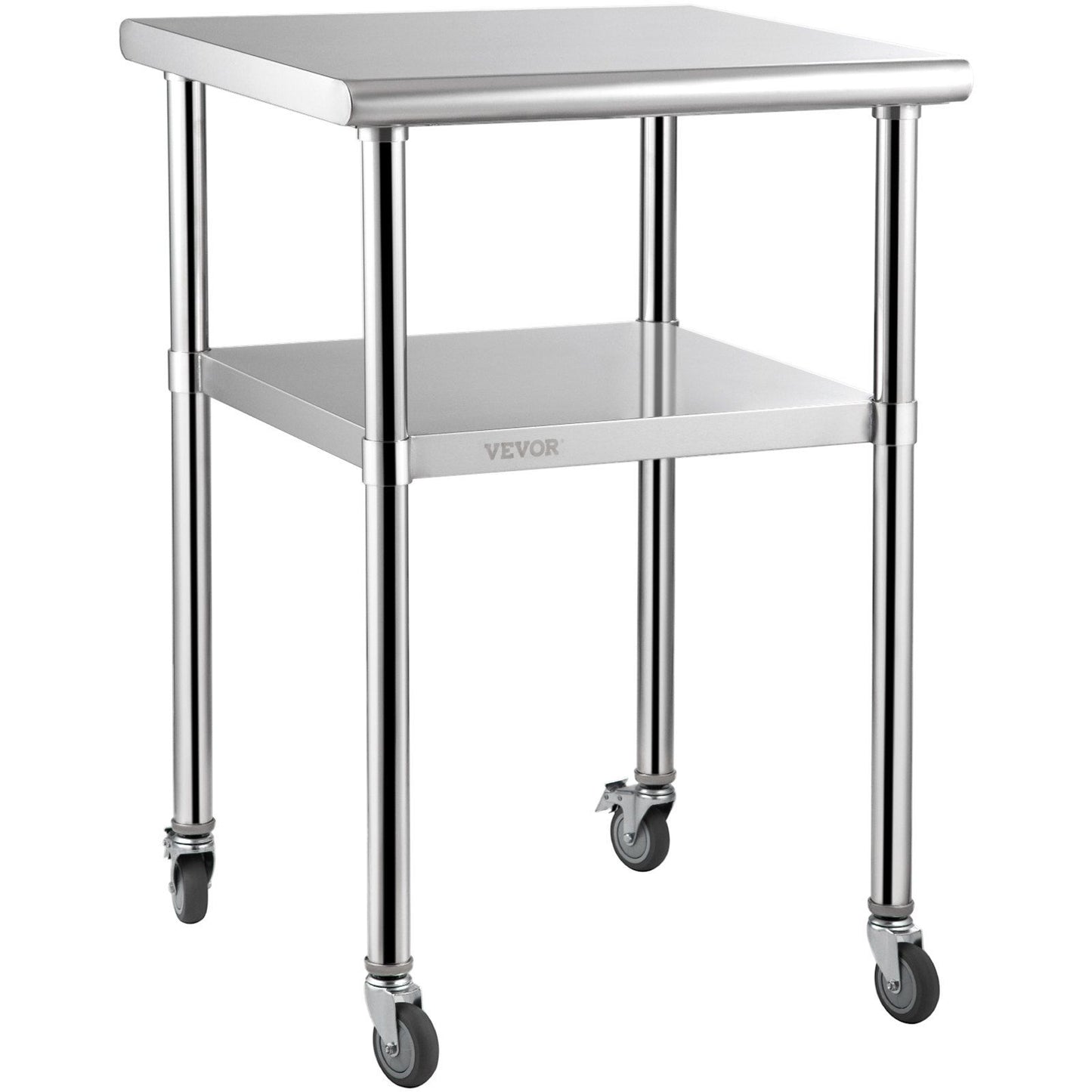 VEVOR Stainless Steel Prep Table, 24 x 24 x 36 Inch, 600lbs Load Capacity Heavy Duty Metal Worktable with Adjustable Undershelf & Universal Wheels, Commercial Workstation for Kitchen Garage Backyard