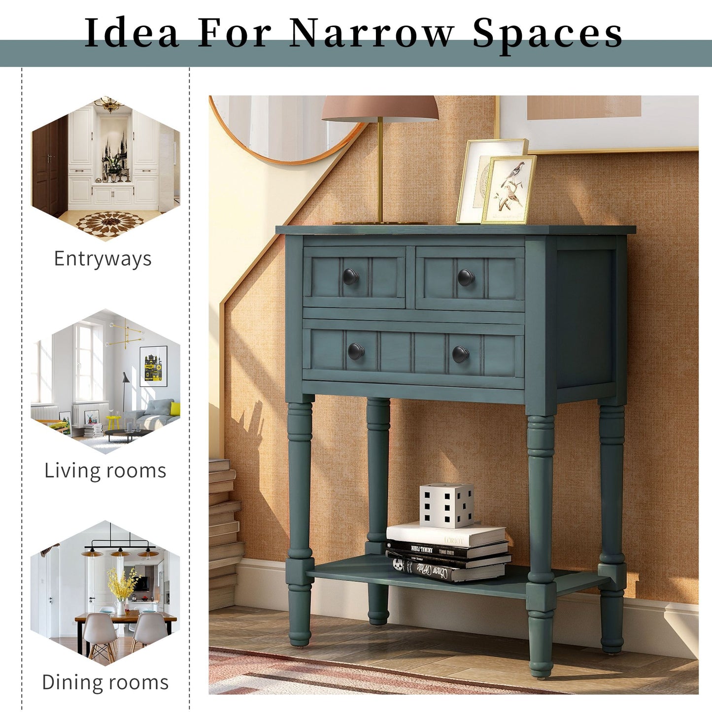 Narrow Console Table, Slim Sofa Table with Three Storage Drawers and Bottom Shelf for Living Room, Easy Assembly