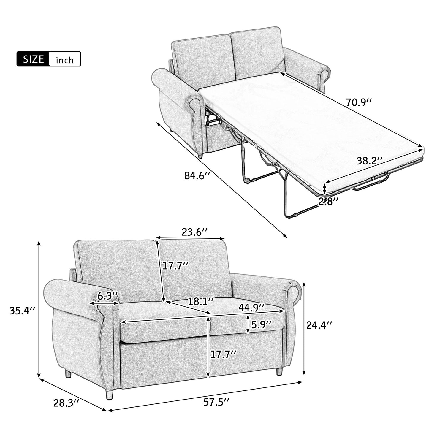 57.5" Orisfur Pull Out Sofa Bed Loveseat Sleeper with Twin Size Memory Mattress for Living Room Spaces