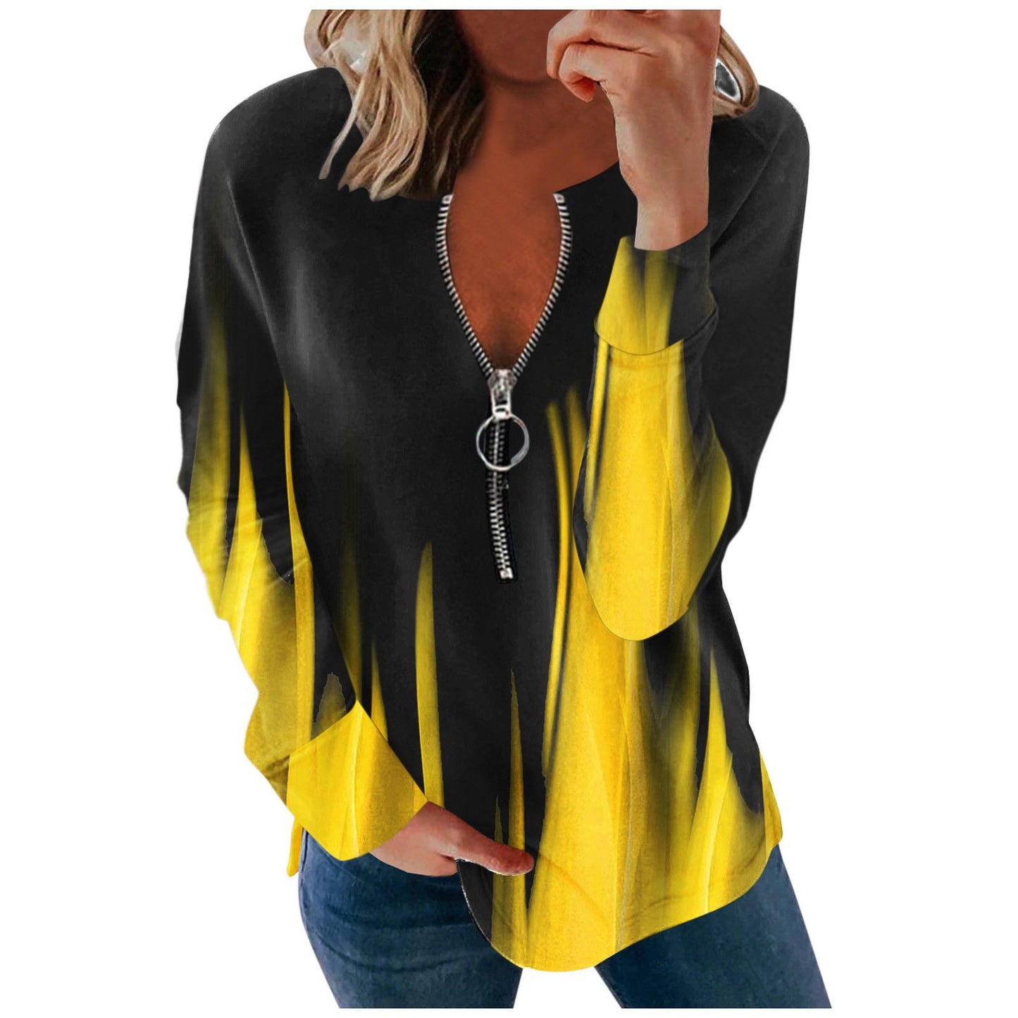 autumn and winter new urban street fashion V-neck T-shirt ladies long-sleeve gradient flame loose zipper T-shirt casual top