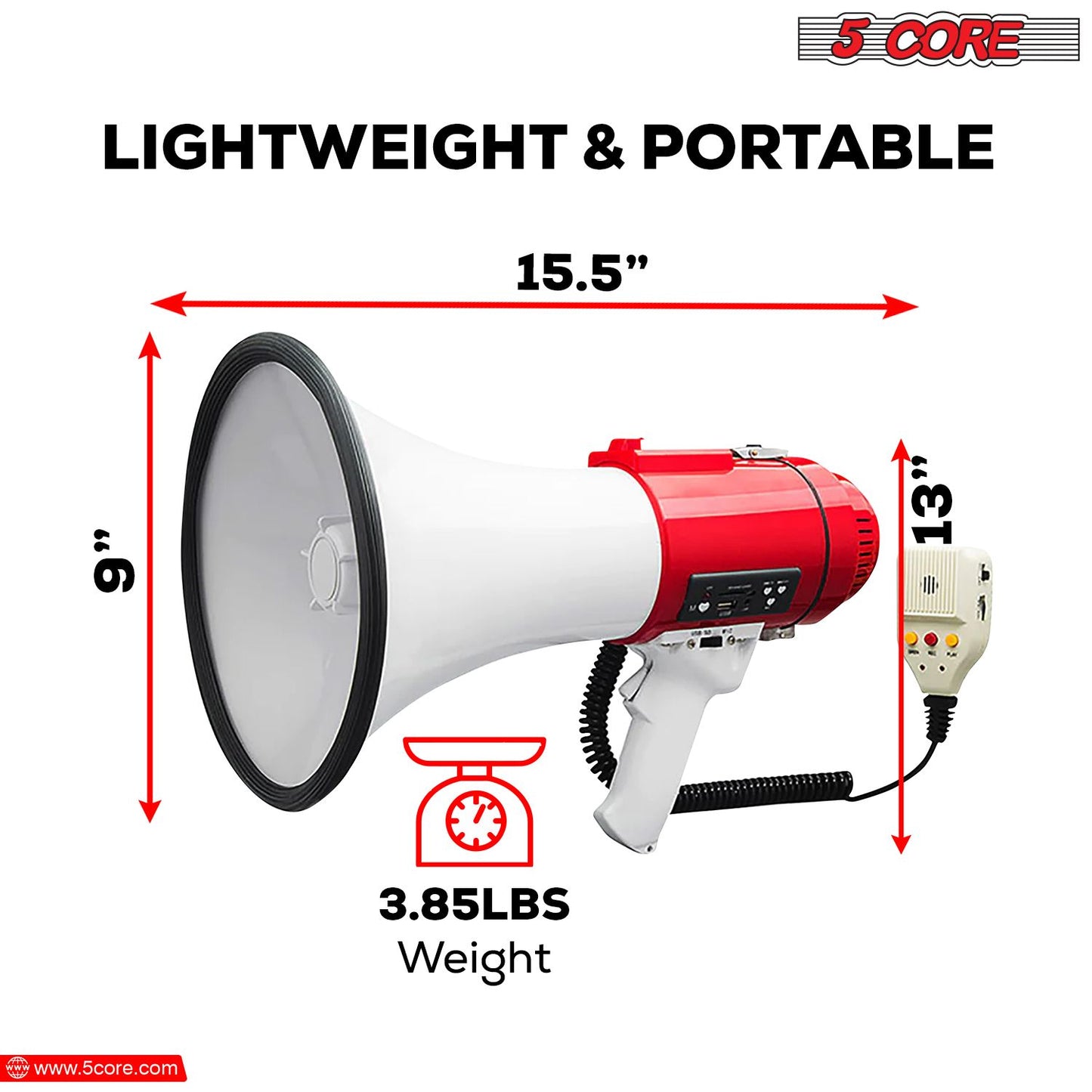 5 Core Megaphone Bullhorn Speaker 60W Professional Bull Horn Battery Power Cheer Megafono 1200 Ft Range Loudspeaker W Siren Recording Ergonomic Handle for Coaches Football Baseball Director - 77SF