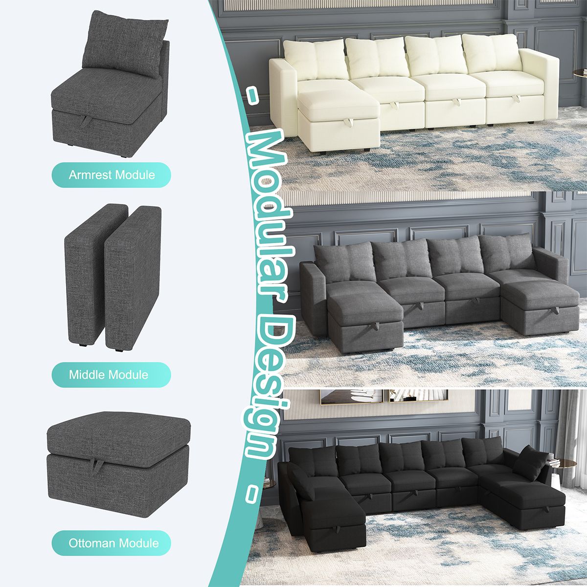 Livelylodge Modular Sectional Sofa with Wooden Frame and Pull-Out Bed, Convertible Couch for Living Room, Available in Black, White, and Gray, 109\" L x 30.5\" W x 34\" H