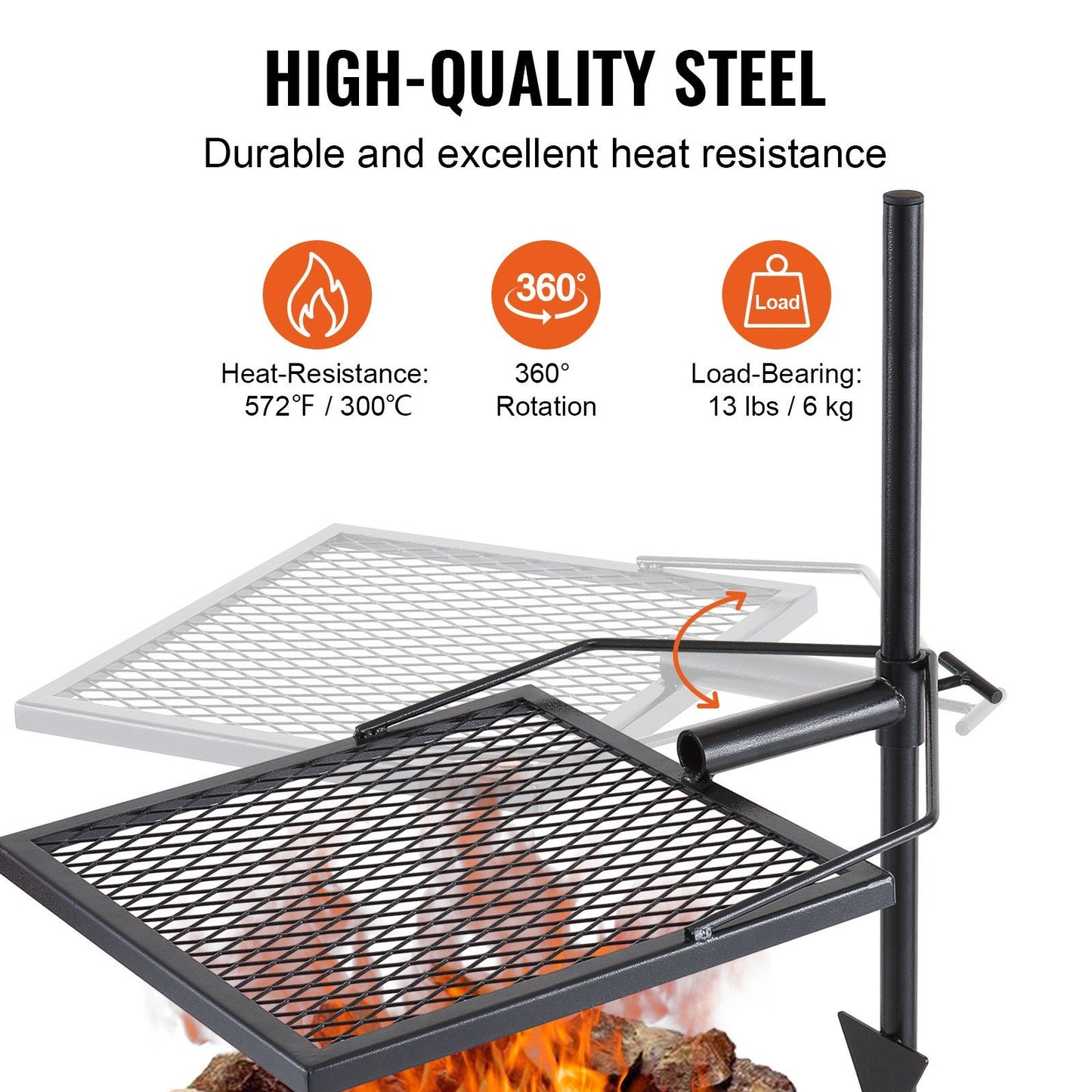 VEVOR Swivel Campfire Grill, Fire Pit Grill Grate over Fire Pits, Heavy Duty Steel Grill Grates, 360° Adjustable Open Fire Outdoor Cooking Equipment, Portable Camp Fire Racks for Camping Outdoor BBQ