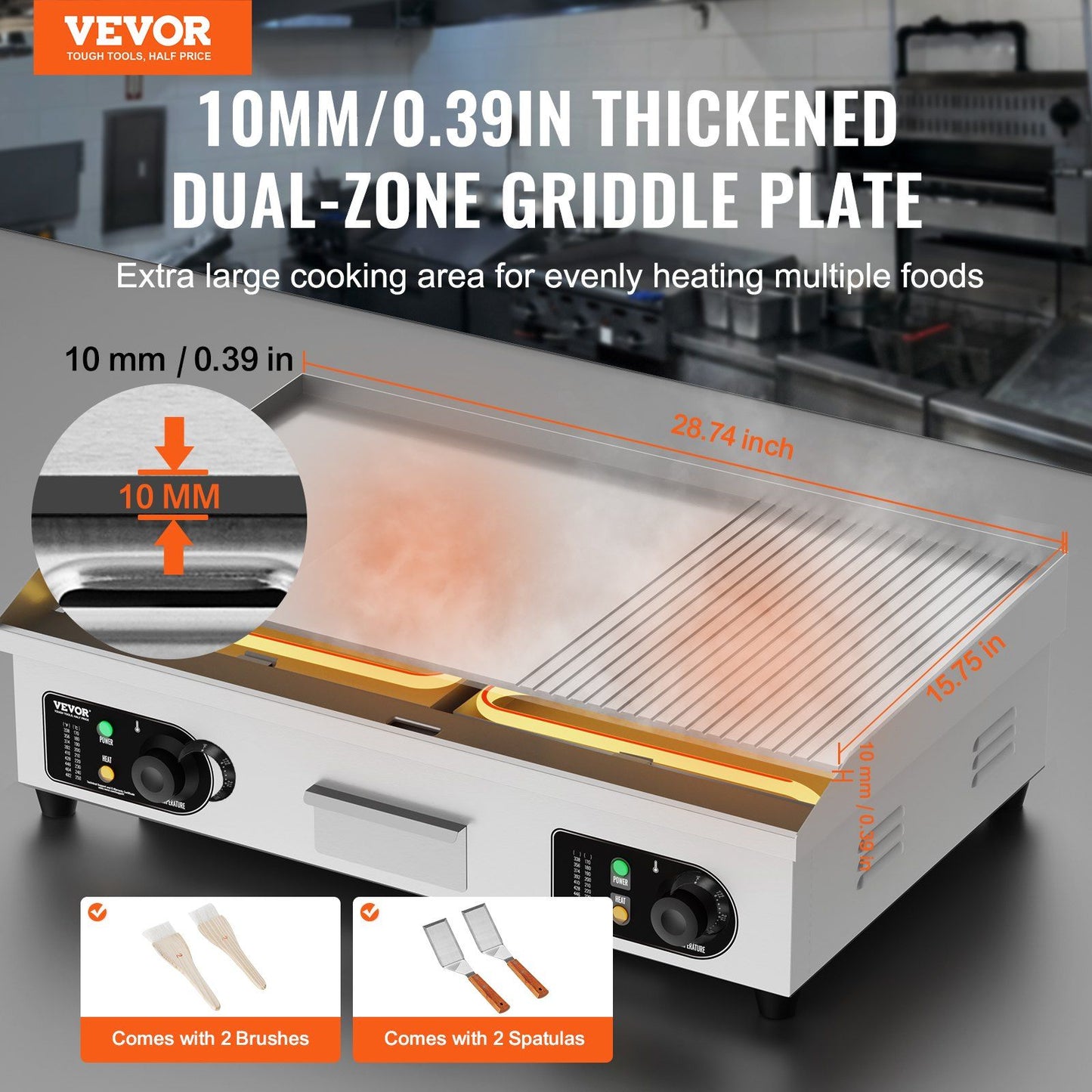 VEVOR Commercial Electric Griddle, 2800W Countertop Half-Flat Top Grill, 122°F-572°F Adjustable Temp, 28.74x15.75x0.39in Stainless Steel Griddle Grill with 2 Shovels and 2 Brushes