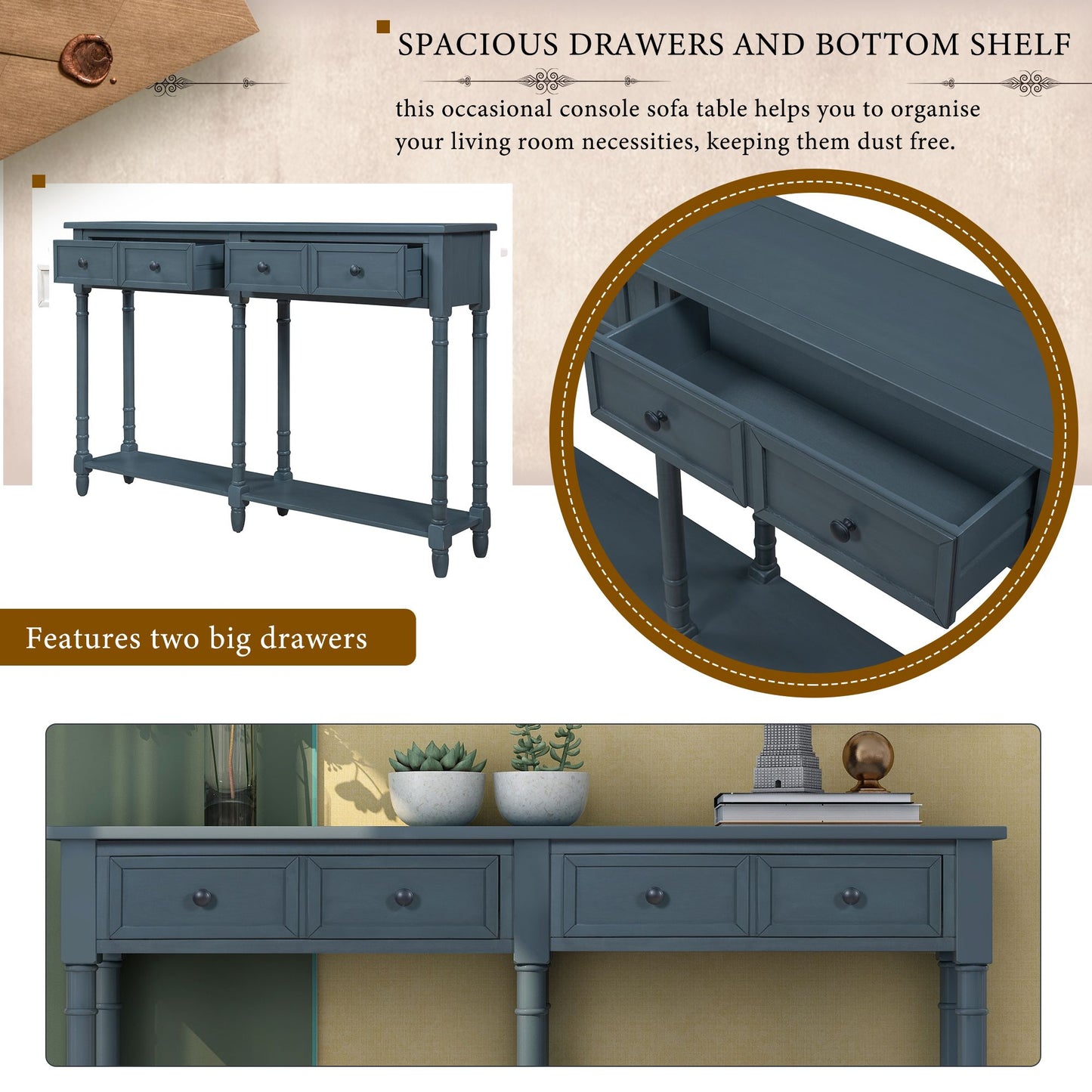 Console Table Sofa Table Easy Assembly with Two Storage Drawers and Bottom Shelf for Living Room,Entryway