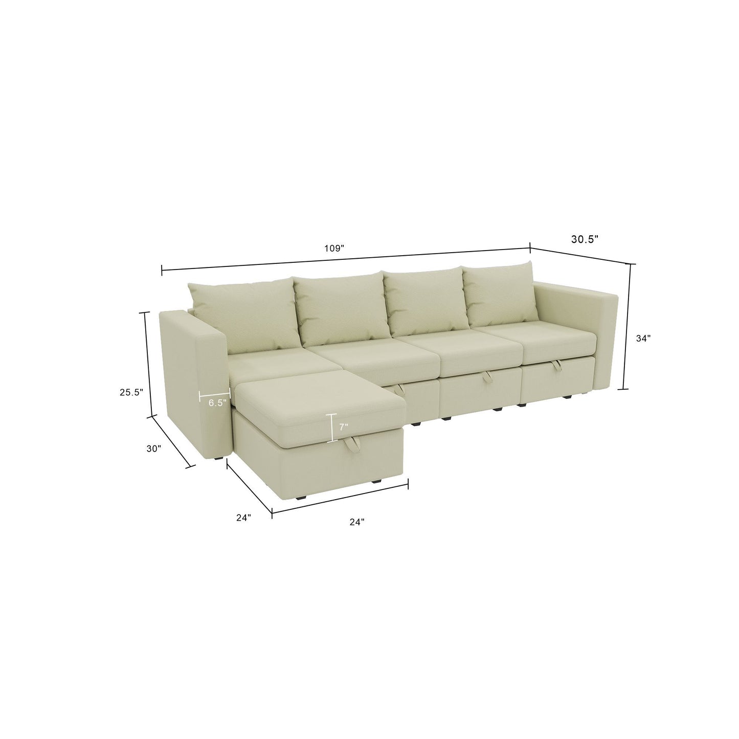 Modular 6-Piece Sectional Sofa – 109''L x 54.5''W x 34''H, Available in Beige, Black, and Gray, Versatile Sectional with Storage Ottoman for Living Room and Family Spaces