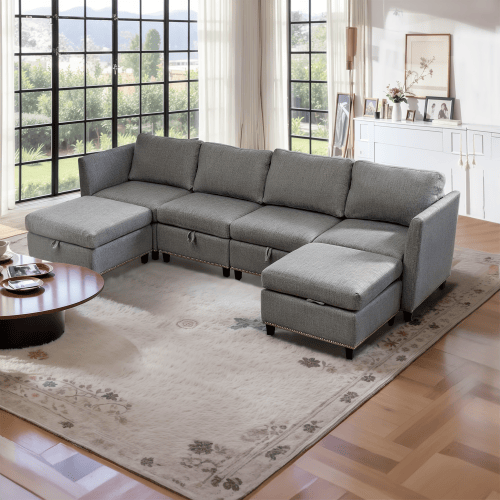 Convertible Sectional Sofa with Storage Seat 6 Seat Sofa with Reversible Chaise U Shaped Sectional Couch for Living Room,Light Grey