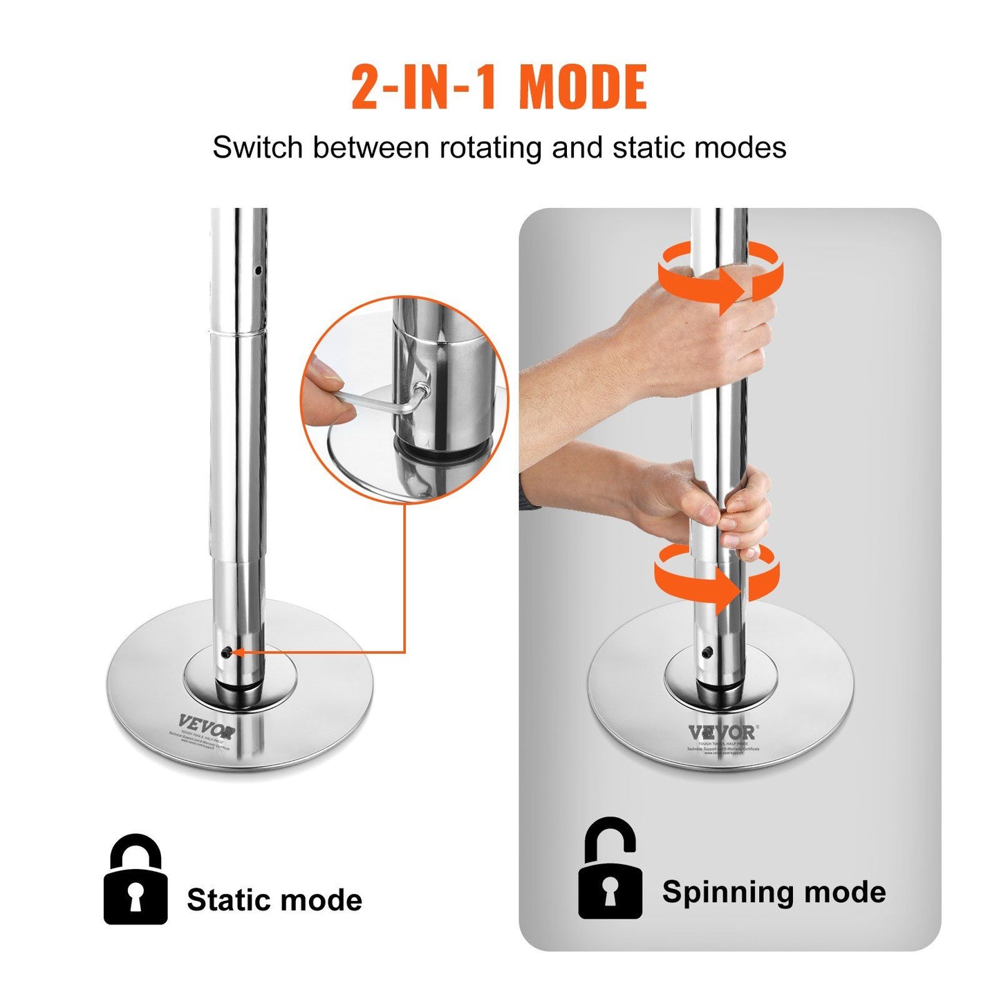 VEVOR Professional Dancing Pole, Spinning Static Dancing Pole Kit, Portable Removable Pole, 45mm Heavy-Duty Stainless Steel Pole, Height Adjustable Fitness Pole, for Exercise Home Club Gym, Silver