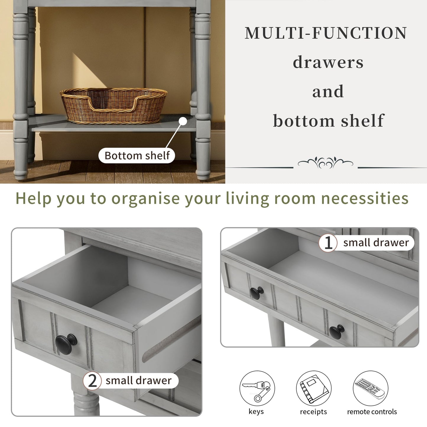 Narrow Console Table, Slim Sofa Table with Three Storage Drawers and Bottom Shelf for Living Room, Easy Assembly