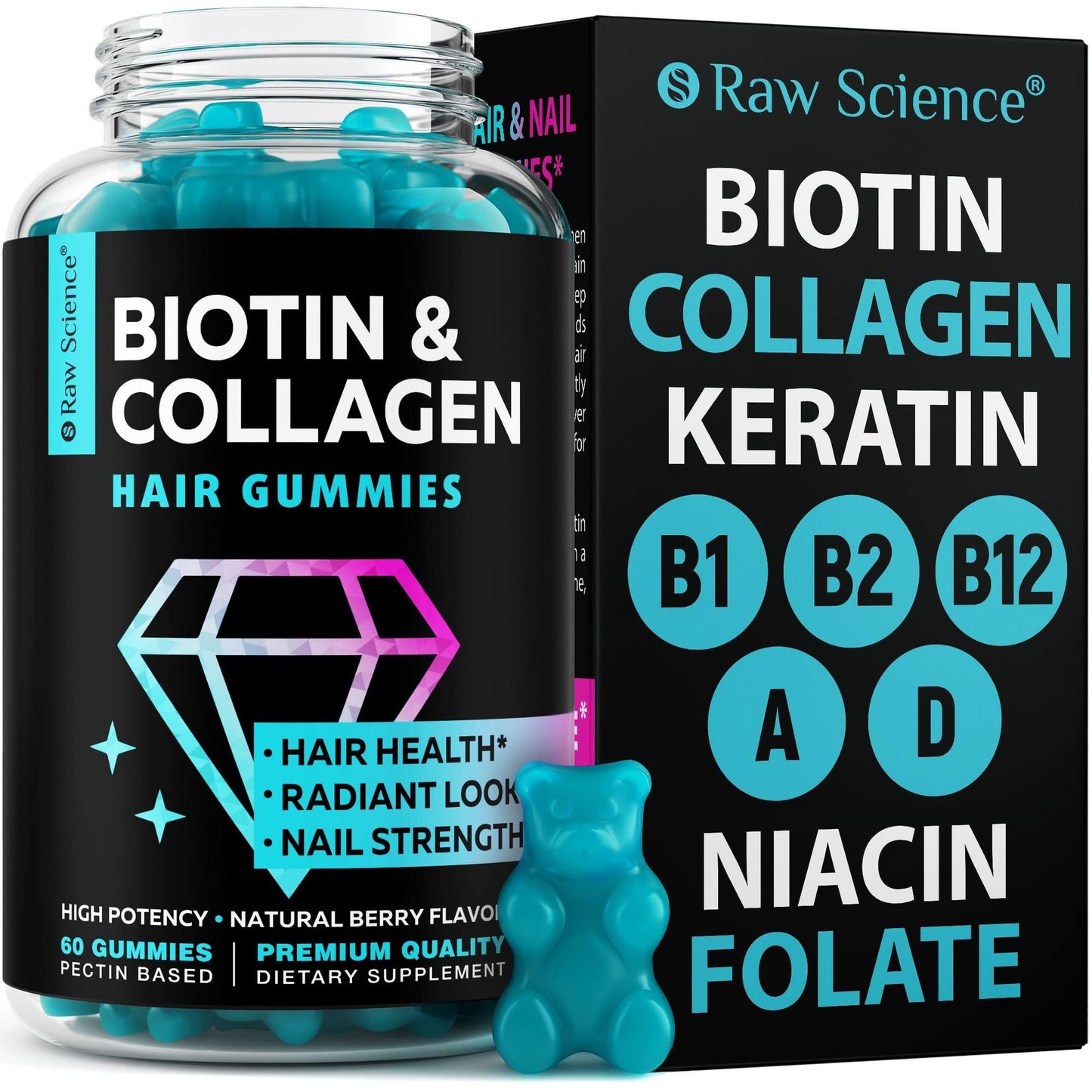 Biotin Collagen Gummies Hair Skin and Nails Vitamins for Women Men Hair Growth Vitamins: B1 B2 B3 B5 B7 B9 B12 Collagen Keratin Vitamin A D 60 Gummy Bears