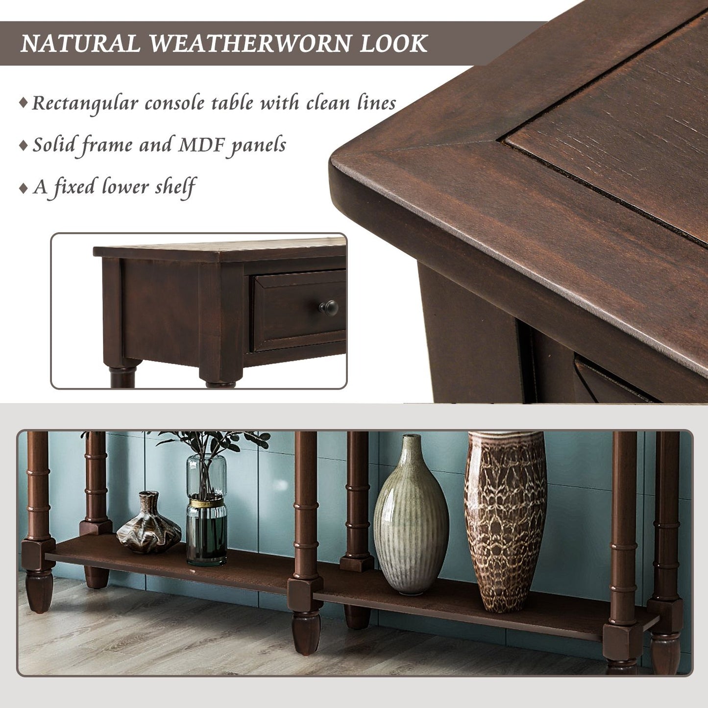 Console Table Sofa Table Easy Assembly with Two Storage Drawers and Bottom Shelf for Living Room,Entryway