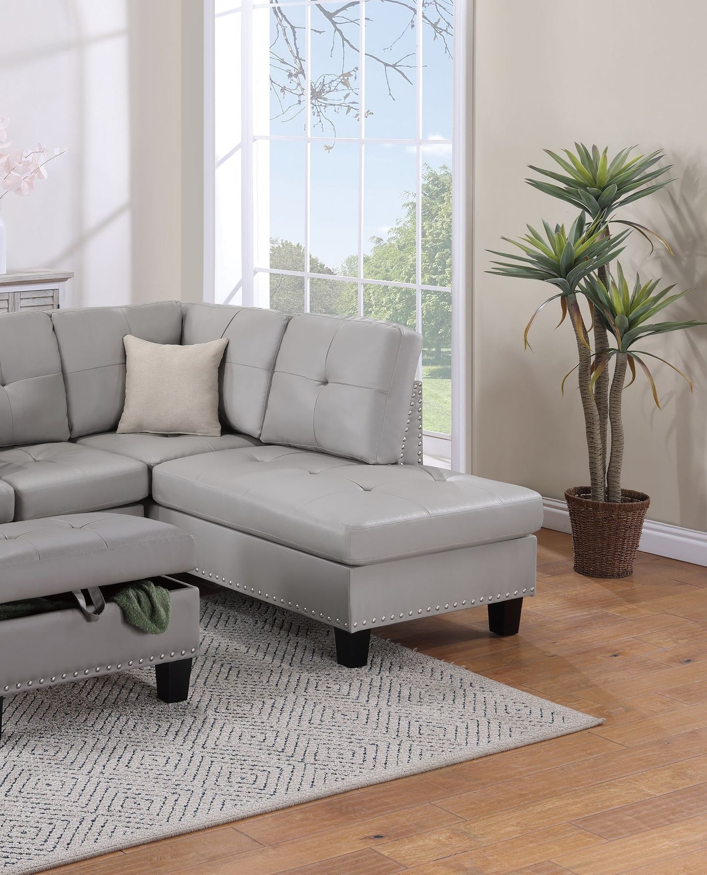 Grey Faux Leather Living Room Furniture 3-PCS Sectional Sofa Set LAF Sofa RAF Chaise And Storage Ottoman Cup Holder Couch