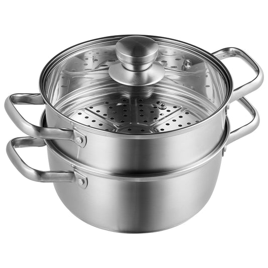 VEVOR Steamer Pot, 9.5in/24cm Steamer Pot for Cooking with 5QT Stock Pot and Vegetable Steamer, Food-Grade 304 Stainless Steel Food Steamer Cookware with Lid for Gas Electric Induction Grill Stove