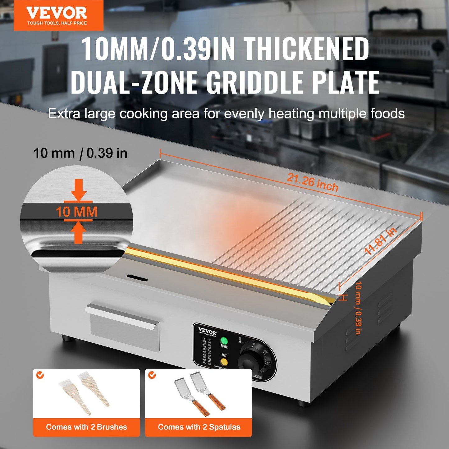 VEVOR Commercial Electric Griddle, 1600W Countertop Half-Flat Top Grill, 122°F-572°F Adjustable Temp, 21.26x11.81x0.39in Stainless Steel Griddle Grill with 2 Shovels and 2 Brushes