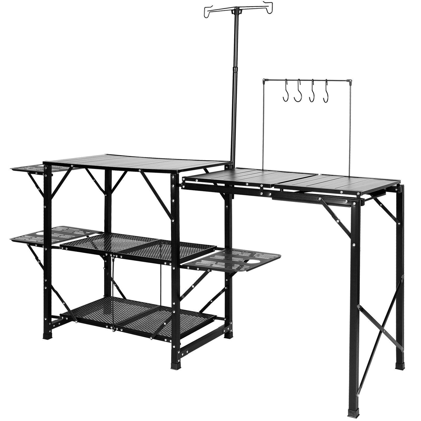 VEVOR Camping Kitchen Table, One-piece Folding Portable Cook Station with A Carrying Bag, Long Aluminum Camping Table 3 Side Tables, 2 Shelves & A Detachable Sink for Outdoor Picnics, BBQs, Camping