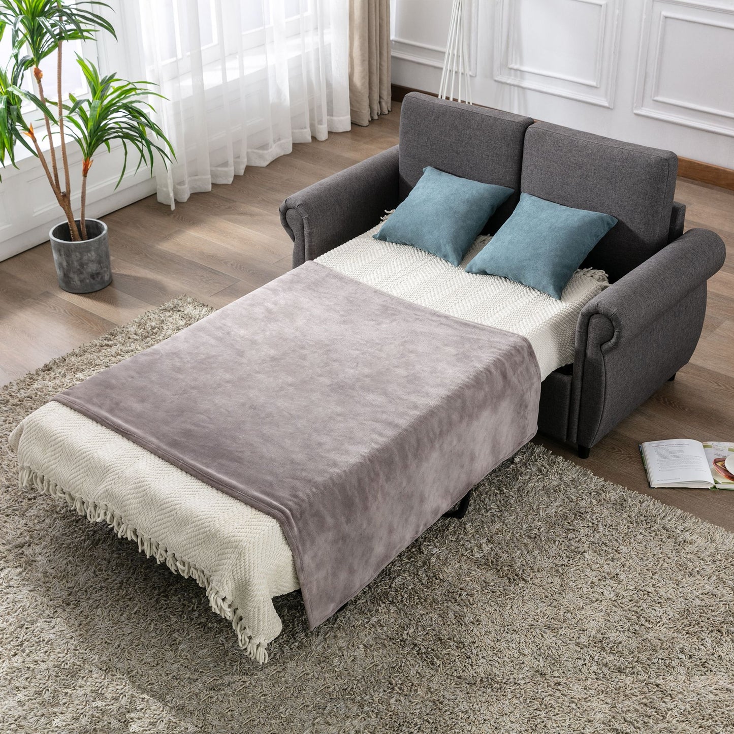 57.5" Orisfur Pull Out Sofa Bed Loveseat Sleeper with Twin Size Memory Mattress for Living Room Spaces