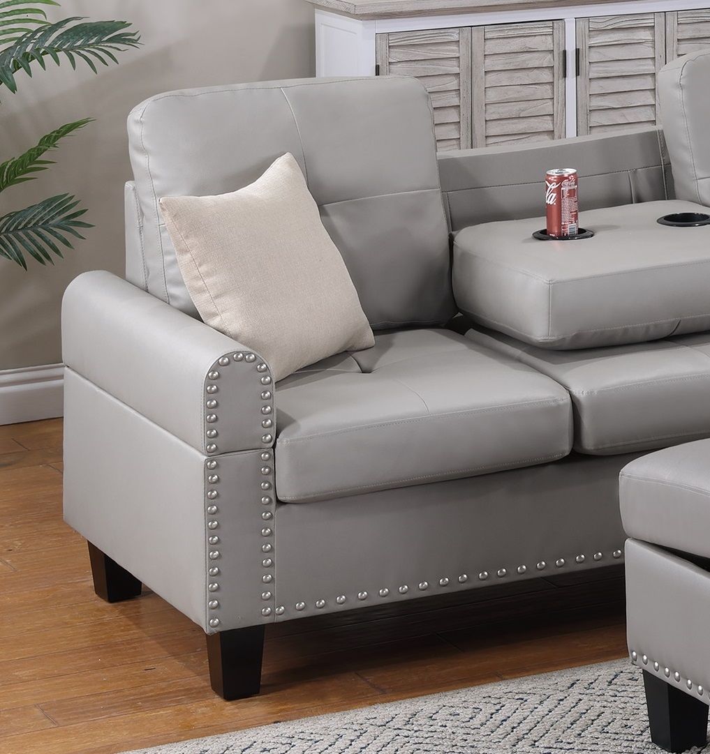 Grey Faux Leather Living Room Furniture 3-PCS Sectional Sofa Set LAF Sofa RAF Chaise And Storage Ottoman Cup Holder Couch