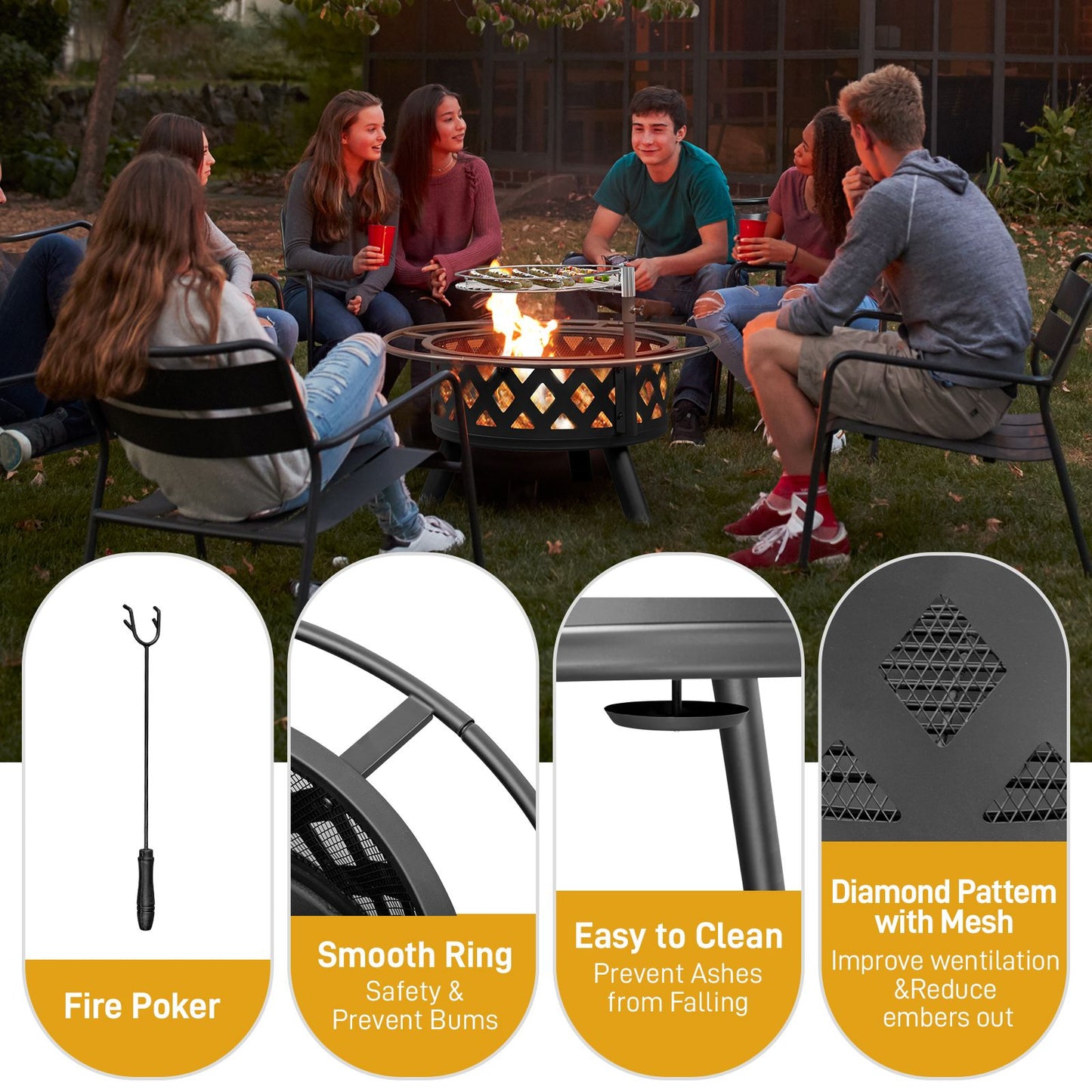 Home Food Equipment, Outdoor Fire Pit 30 Inch, 5 Piece Large Steel Barbecue Pat with Detachable Cooking Swivel Grill for Outdoor Backyard Campfire Patio