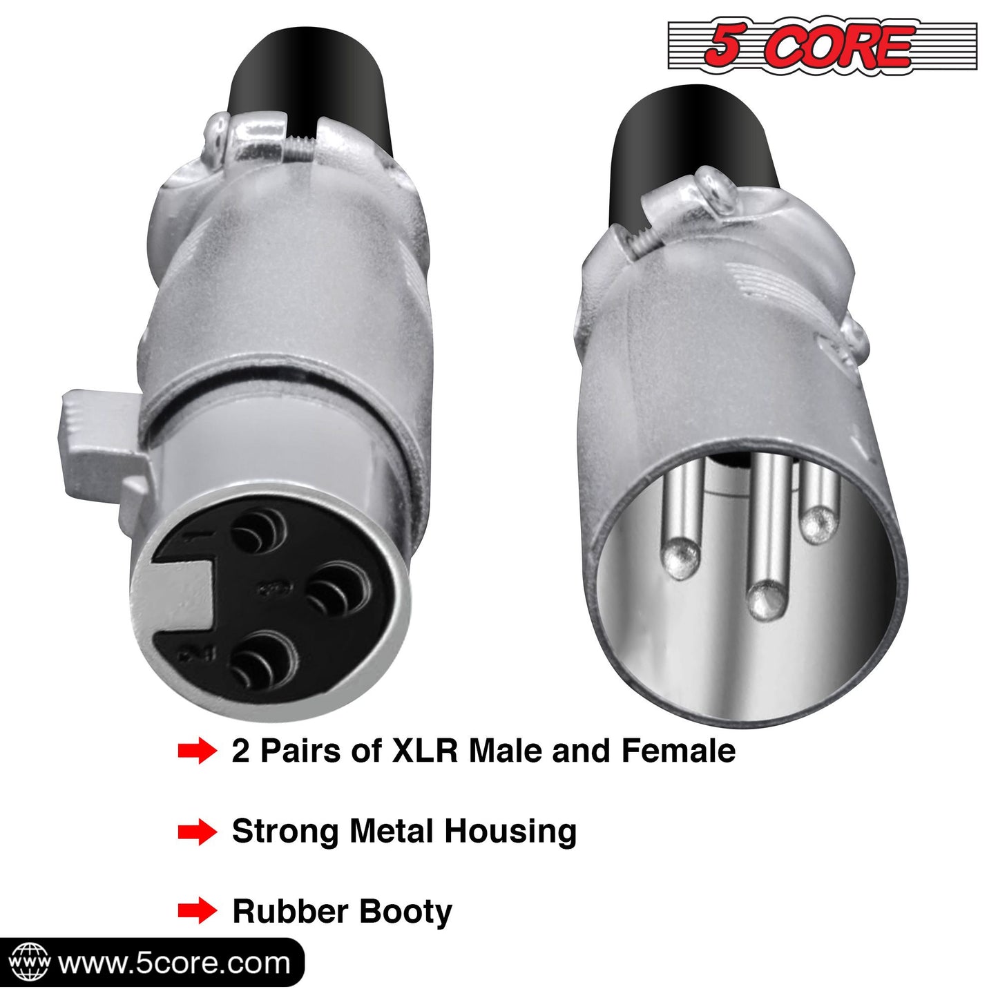 5 CORE XLR Connector Male Female to 1/4 Audio Jack 3 Pin Secure Microphone Plug with Locking Ends - XLR