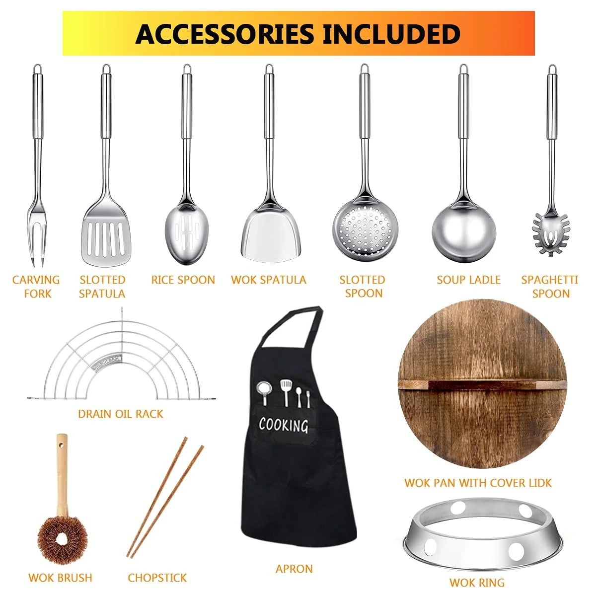 Carbon Steel Wok Pan, 14 Piece Woks & Stir-Fry Pans Set with Wooden Lid & Cookwares, Non-Stick Flat Bottom Chinese Woks Pan for Induction, 12.6''