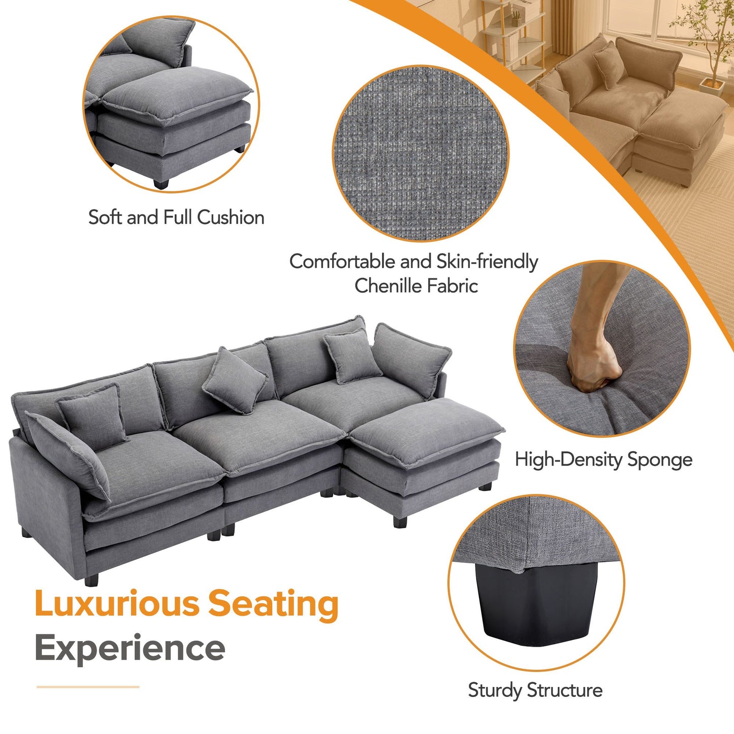 112.2\" L-Shape Chenille Upholstered Sofa for Living Room Modern Luxury Sofa Couch with Ottoman and 5 Pillows for Living Room