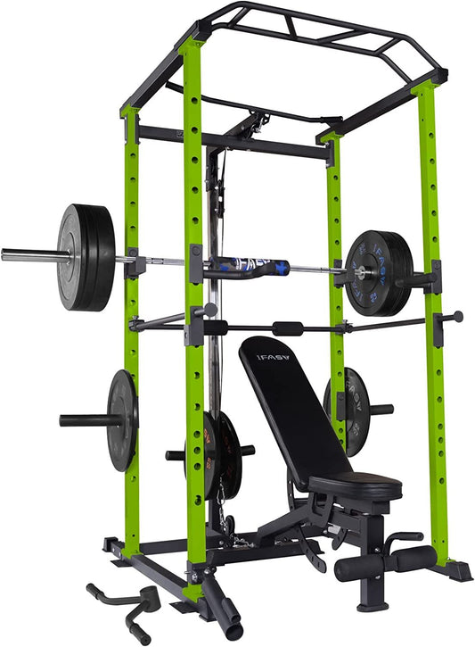 210lb Green Home Gym Set Multi-functional Power Cage, Home Adjustable Pullup Squat Rack 1000Lbs Capacity Comprehensive Fitness Barbell Rack