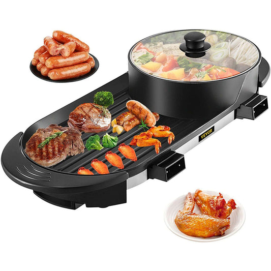 VEVOR 2 in 1 BBQ Grill and Hot Pot with Divider, Aluminum Alloy Electric BBQ Stove Hot Pot, Separate Dual Thermostat Teppanyaki Grill Pot with 5 Speed, for Family Dinner Friends Party Black