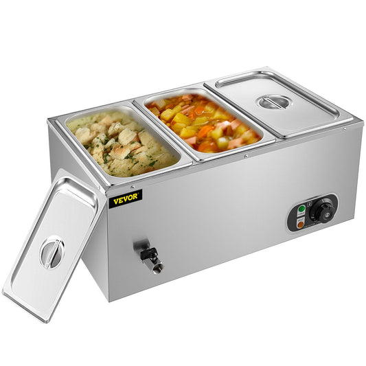 VEVOR Commercial Food Warmer 3-Pan 850W Electric Countertop Steam Table 15cm/6inch Deep Stainless Steel Bain Marie Buffet Food Warmer Large Capacity 7 Quart/Pan for Catering and Restaurants