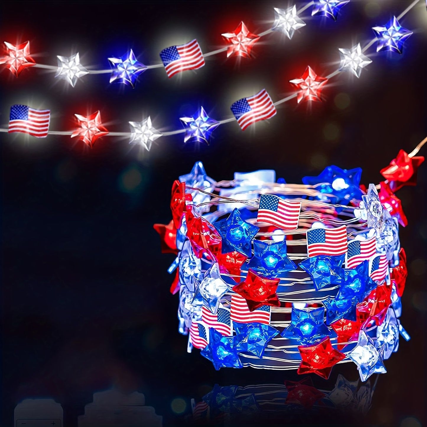 1pc, Flag String Lights, 4th Of July Memorial Day American Flag Stars Decoration String Lights, Battery Operated With Multi-Function Remote Lights, Home Room Scene Decor