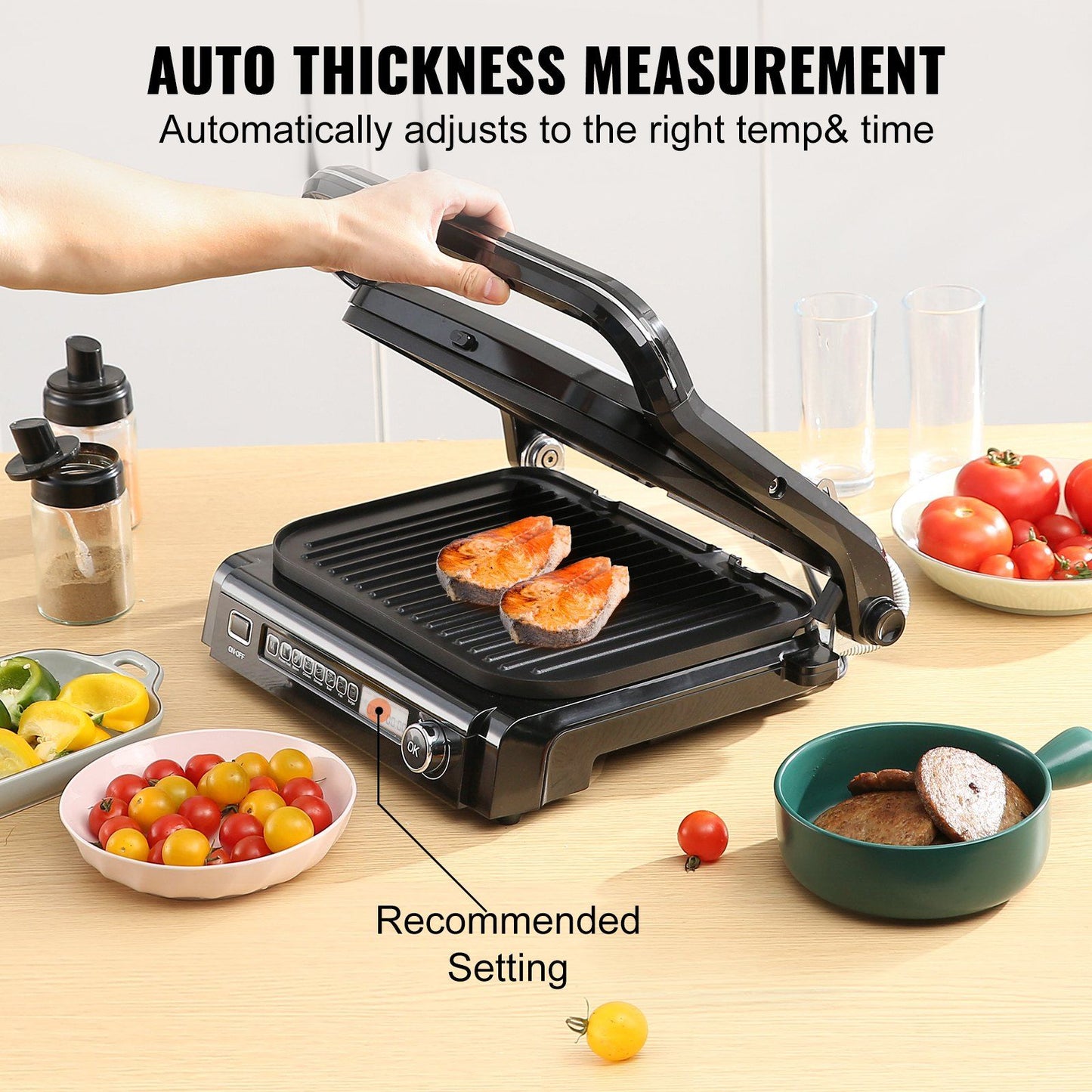 VEVOR 7 IN 1 Commercial Electric Griddle, 14.4" 1800W Indoor Countertop Grill, Stainless Steel Restaurant Teppanyaki Grill with Non Stick Iron Cooking Plate, 0-446°F Adjustable Temp Control 110V