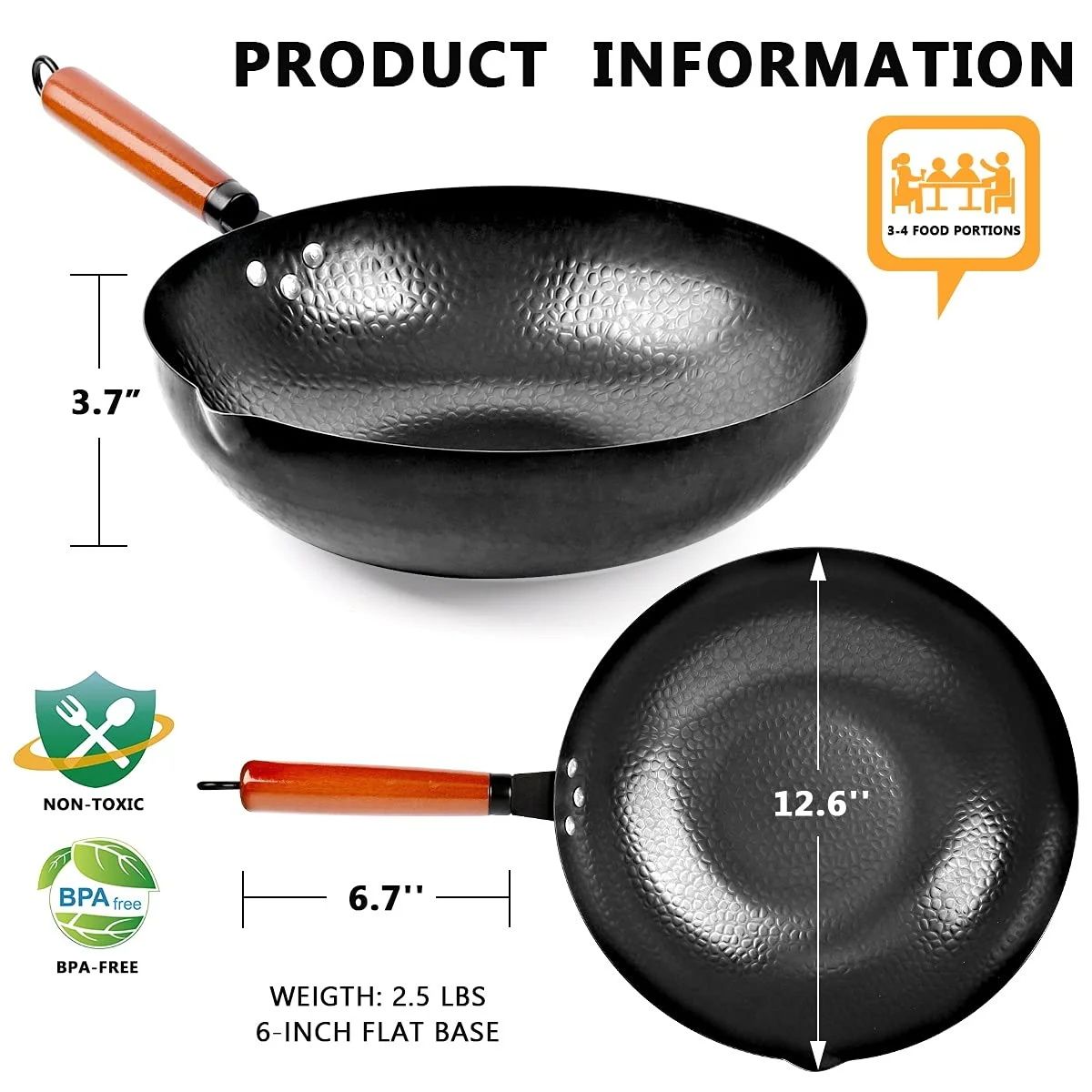 Carbon Steel Wok Pan, 14 Piece Woks & Stir-Fry Pans Set with Wooden Lid & Cookwares, Non-Stick Flat Bottom Chinese Woks Pan for Induction, 12.6''