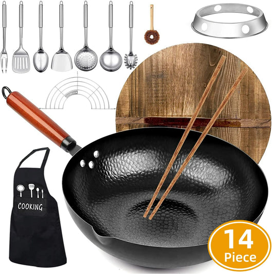 Carbon Steel Wok Pan, 14 Piece Woks & Stir-Fry Pans Set with Wooden Lid & Cookwares, Non-Stick Flat Bottom Chinese Woks Pan for Induction, 12.6''