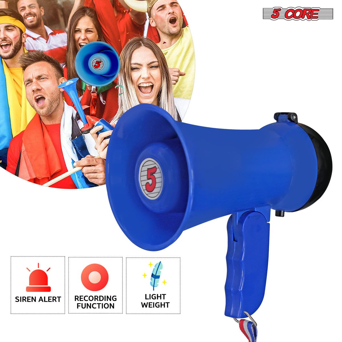 5 Core Megaphone Bullhorn Speaker 15W Mini Battery Power Bull horn w Siren 400 Yard Range - HW 1