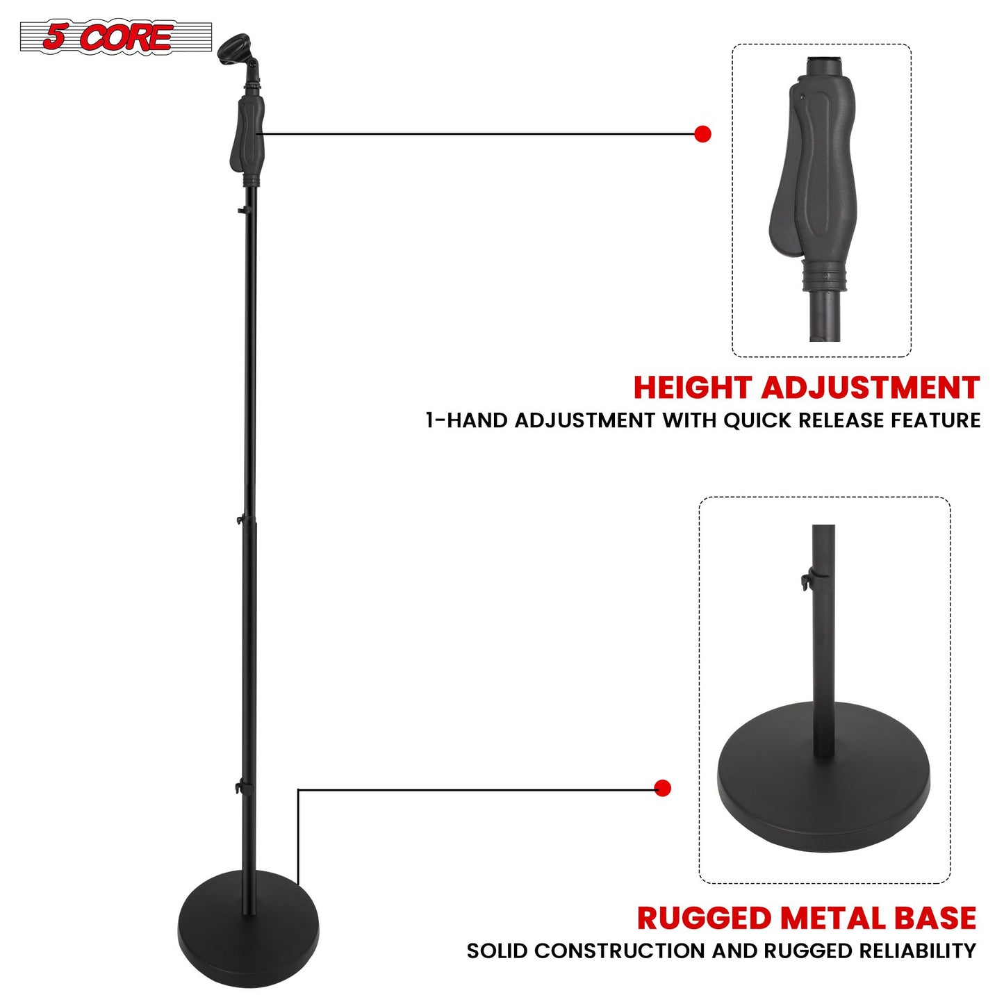 5Core Universal Microphone Stand Height Adjustable 35 to 57" Round Base w/ Hand Clutch Floor Mic Holder Metal Build - MS RBL HND CLCH