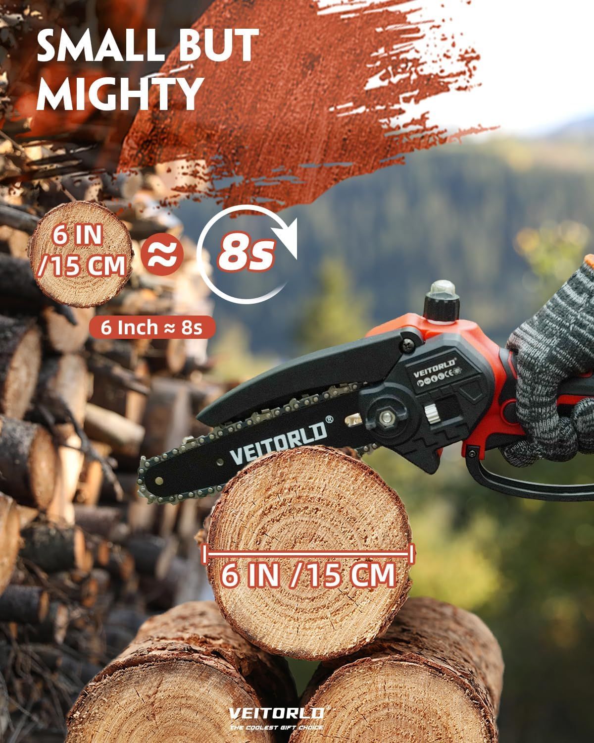 Veitorld Mini Chainsaw, 6-Inch Electric Chainsaw Cordless, Portable Handheld Battery Chain Saw for Wood Tree Trimming, Branches, Courtyard, Household and Garden Tools Gifts for Dad Men Husband