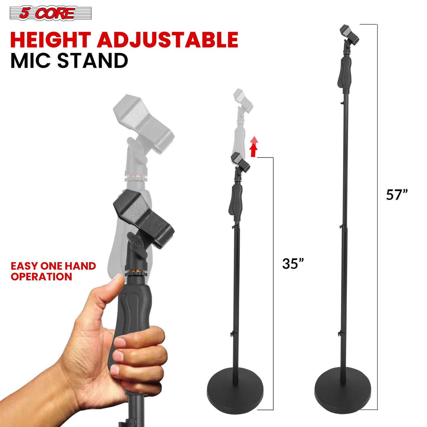 5Core Universal Microphone Stand Height Adjustable 35 to 57" Round Base w/ Hand Clutch Floor Mic Holder Metal Build - MS RBL HND CLCH