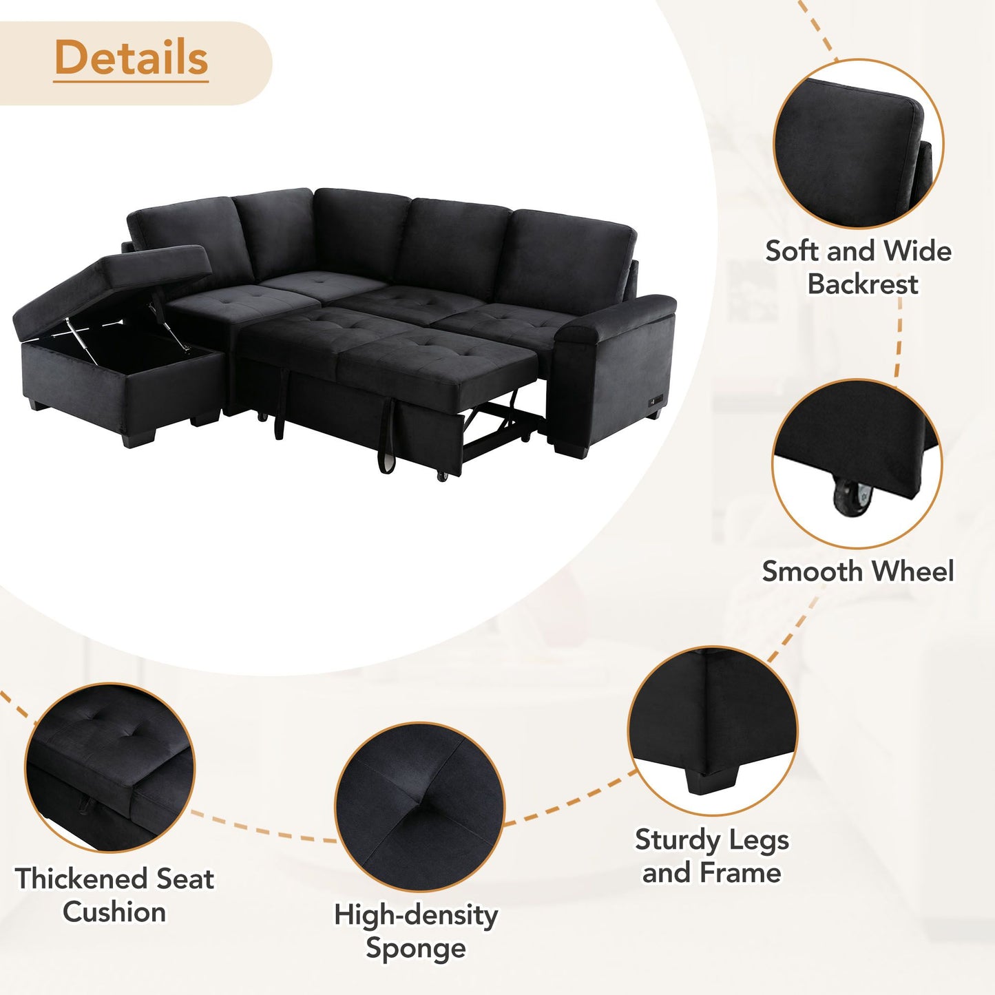 Sleeper Sectional Sofa, L-Shape Corner Couch Sofa-Bed with Storage Ottoman & Hidden Arm Storage & USB Charge for Living Room Apartment