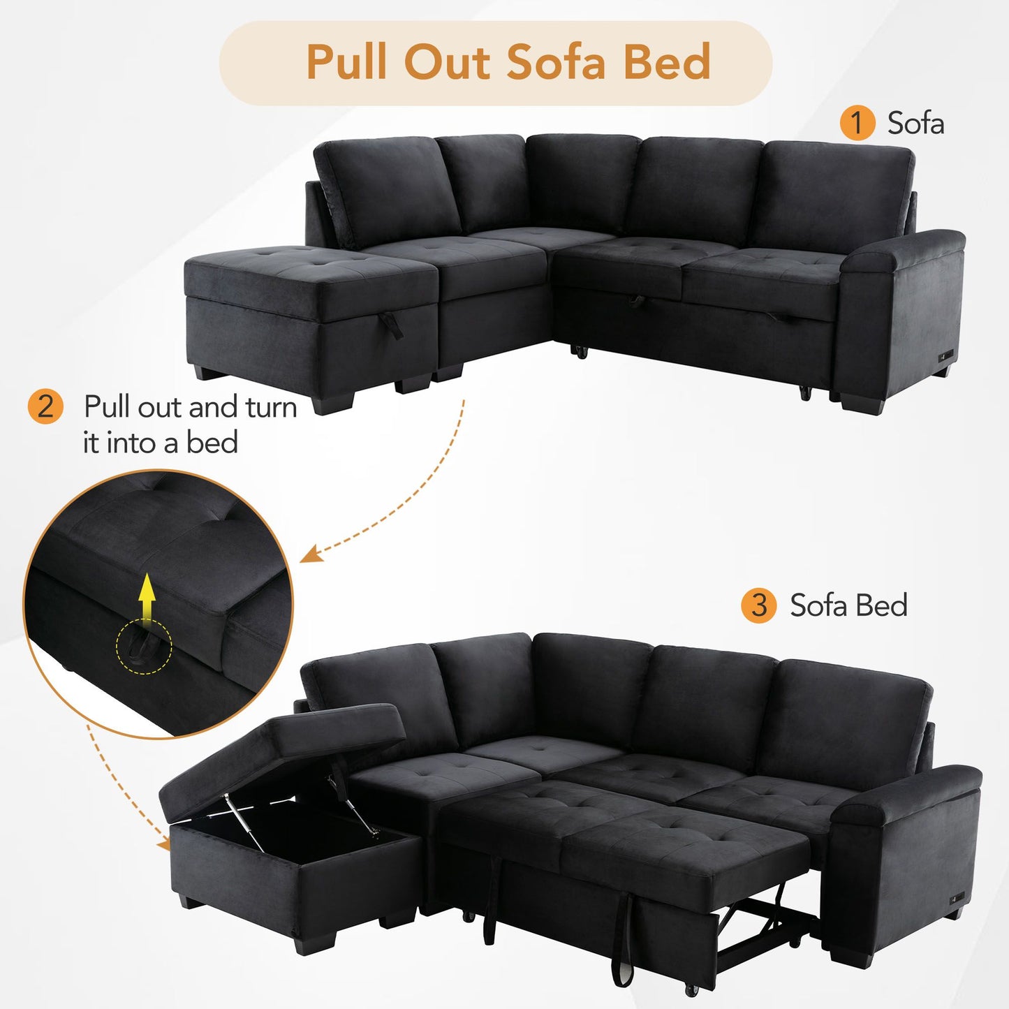 Sleeper Sectional Sofa, L-Shape Corner Couch Sofa-Bed with Storage Ottoman & Hidden Arm Storage & USB Charge for Living Room Apartment